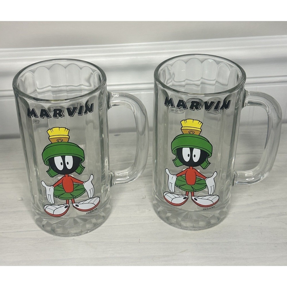 Warner Brothers Marvin The Martian 15 oz Ribbed Mugs Rare! Heavy EUC (2)